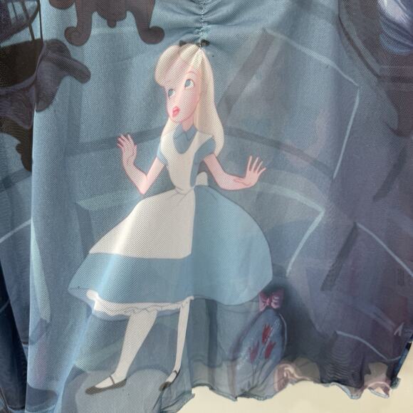 Disney Alice in Wonderland Mesh Graphic Crop Top Sz XL Long Sleeve Ruched Ruffle - Picture 2 of 8